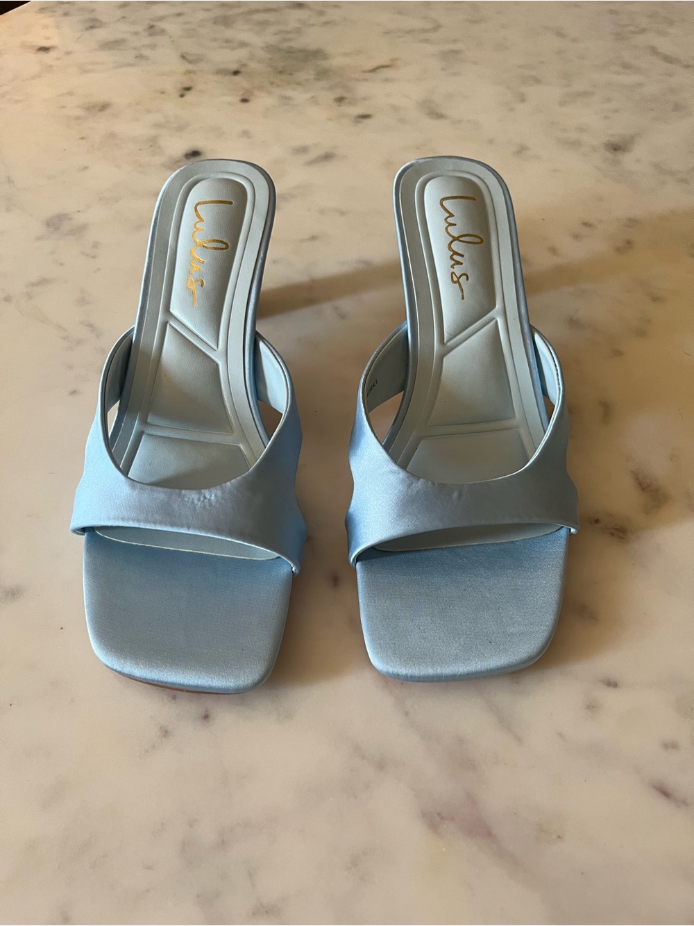 Lulu's Pale Blue Satin Slide Mules